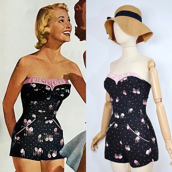 Documented Vintage 1950s CATALINA Playsuit Romper / 50s Novelty Print Cotton Sweetheart Bust Strapless Pink Black Pinup Bathing Sun Suit XS