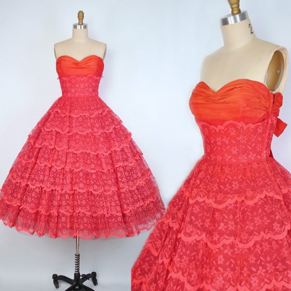 Vintage 1950s RED Lace Prom Party Dress / 50s Tulle Wedding Formal Party Strapless SWEETHEART Bust Full Circle Skirt Pinup Bridal Gown XS