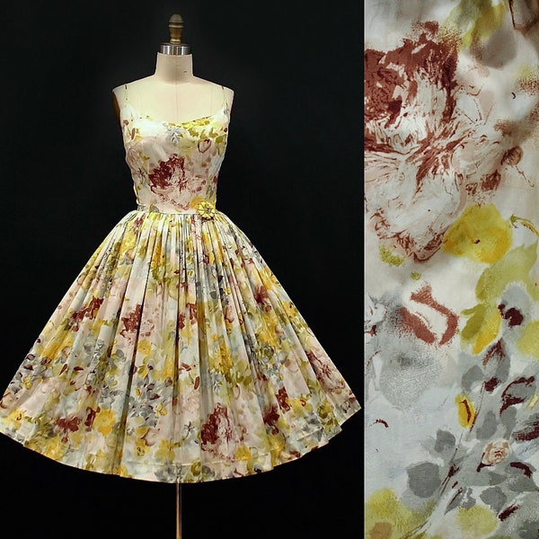 Vintage 1950s Watercolor Painterly Floral Print Dress / 50s Cotton Sundress Yellow Gray Brown Spring Summer Flowers Full Skirt Pinup SMALL