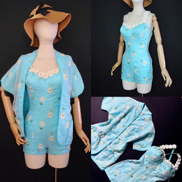 RESERVED - Do Not Buy- DeWeese Design DEADSTOCK Cover Up Romper Playsuit 2pc Set / 50s 60s Embroidered Daisy 3D