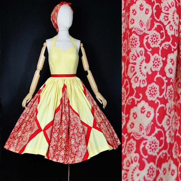 Vintage 1950s Red Bandana Paisley Floral Halter Top 2pc Dress / 50s Yellow Cotton Sundress Sweetheart Bust Full Skirt Spring Summer SMALL