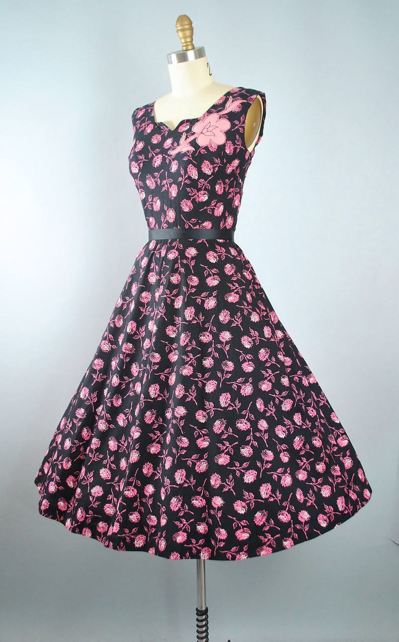 Vintage 50s ROSE Print Dress / 1950s Black Cotton Sundress | Etsy