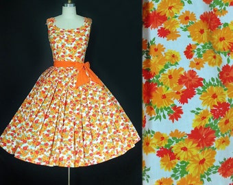 Vintage 1950s Orange Daisy Floral Print Autumn Fall Dress / 50s Yellow Marigold Sunflower Cotton Sundress Belted Full Swing Skirt Pinup XS