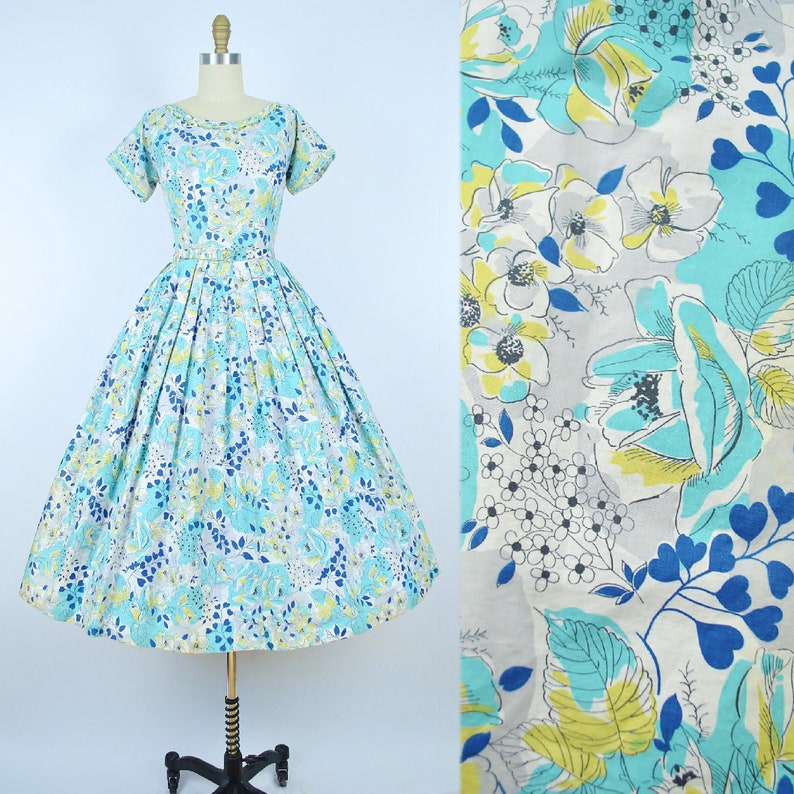 Vintage 50s Dress 1950s Cotton Sundress Navy Mint Blue Floral Heart Leaf Print Belted Full Circle Skirt Pinup Summer Garden Party Small S