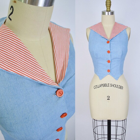 Vintage 1950s Halter Sun Top /  50s Chambray Blue… - image 1