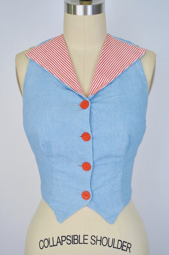 Vintage 1950s Halter Sun Top /  50s Chambray Blue… - image 2