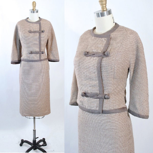 Vintage 50s 60s DRESS SUIT / Boucle WOOL 2Pc Set 1950s 1960s Taupe Beige Crop Jacket Pencil Wiggle Skirt Mad Men Office Secretary M Medium