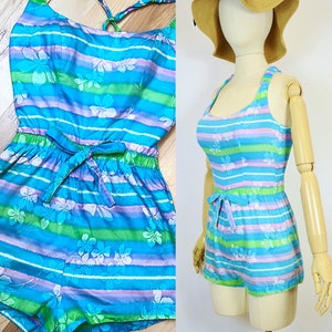 Vintage 1960s KAMEHAMHA Miss Hawaii RAINBOW Romper Playsuit 60s Pastel Tropical Floral Pinup Beach Swimwear Suit Halter Top Shorts XS Small