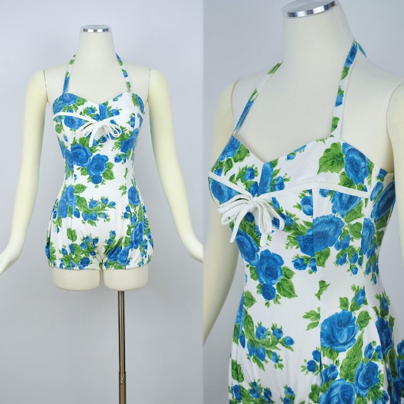 Vintage 1950s ROSE Print Playsuit Beach Suit / 195