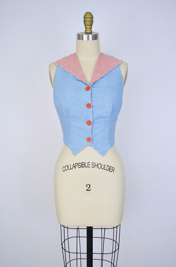 Vintage 1950s Halter Sun Top /  50s Chambray Blue… - image 5