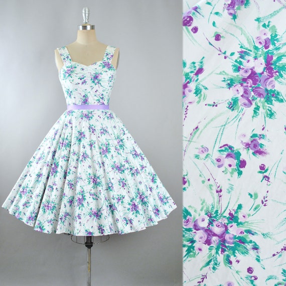 Vintage 50s ROSE Print Dress / 1950s Cotton Sundress Lavender | Etsy