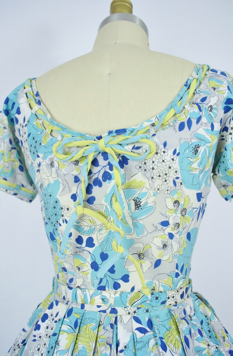 Vintage 50s Dress 1950s Cotton Sundress Navy Mint Blue Floral Heart Leaf Print Belted Full Circle Skirt Pinup Summer Garden Party Small S