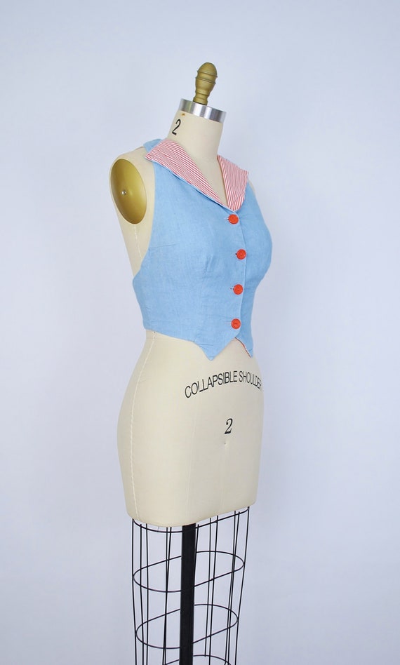 Vintage 1950s Halter Sun Top /  50s Chambray Blue… - image 3