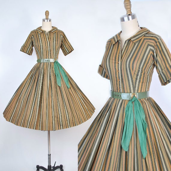 Vintage 1950s Autumn Day Dress / 50s Cotton Shirtw