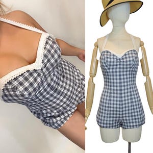 Vintage 1950s CATALINA Playsuit Romper Black White Plaid Stripes Sweetheart Bust Pinup Beach Swimsuit Sun Suit Shorts Jumper SMALL MEDIUM