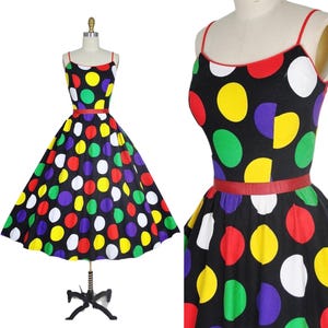 Vintage Rainbow Oversize Polka Dot Rockabilly Dress 1980s Does 50s Pinup Belted Summer Sundress Full Skirt SMALL MEDIUM