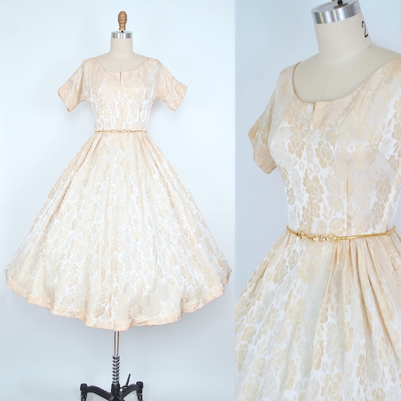 Vintage 50s Holiday Dress / 1950s Youth Guild Beig