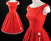Vintage 1950s MAM'SELLE Betty Carol Cherry Red Novelty GROMMET Nautical Sailor Rope Rockabilly Full Swing Skirt Sun Dress Cocktail Party Xs