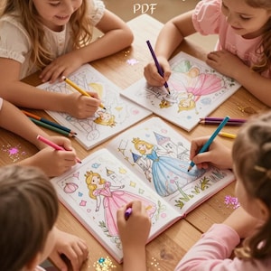 Peut inclure: Des enfants colorient des pages de coloriage sur le thème des princesses avec des crayons de couleur. Les livres de coloriage ouverts présentent des illustrations de princesses en robes roses et bleues. Le texte "Princess Coloring Pages" et "30 Printable Pages PDF" est visible.