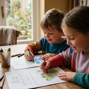 Peut inclure: Deux enfants colorient avec des crayons de couleur à une table en bois. L'un colorie un dessin bleu, tandis que l'autre colorie un dessin d'alligator vert. Des crayons sont dans un verre transparent et éparpillés sur la table. Les enfants portent des pulls colorés.