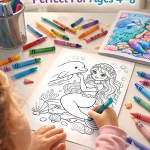 Peut inclure: Un livre de coloriage avec un dessin au trait noir et blanc représentant une sirène et un dauphin, avec le texte Perfect For Ages 4-8. La scène comprend des crayons de couleur éparpillés et un pot en métal, avec une page coloriée visible.
