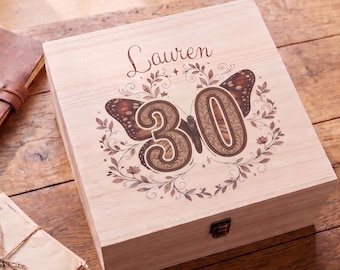 Personalised 30th Butterfly Keepsake Box, Wooden Birthday Memory Box, Birthday Gift For Her, Custom Name Jewellery Box