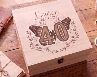Personalised 40th Butterfly Keepsake Box, Wooden Birthday Memory Box, Birthday Gift For Her, Custom Name Jewellery Box