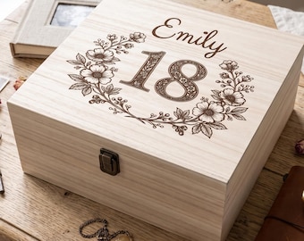 Personalised 18th Birthday Keepsake Box | Floral 18 Wood Memory Chest (Custom Name)