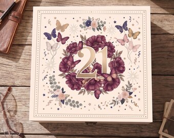 21st Birthday Wooden Keepsake Box, Floral Butterfly Memory Box for Her, 21st Milestone Gift, Wooden Trinket Memory Chest
