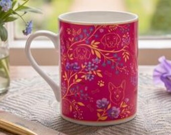 Floral Bone China Dog Mug, Magenta & Gold Botanical Kitten Cup, Gift for Dog Mom