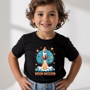 Rocket Moon SpaceShip T-Shirt Super Soft Rabbit Skins Shirt Boys Girls Birthday Party Special Occasion Birthday Party Shirt