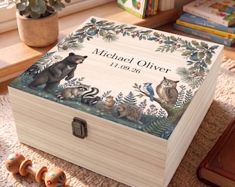 Personalised Wooden Keepsake Box, Nursery Memory Box, Custom Baby Gift,  Alpine Forest Wooden Memory Chest, Christening Gift