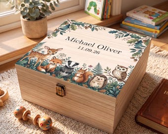 Personalised Wooden Keepsake Box, Nursery Memory Box, Custom Baby Gift, Engraved Woodland Animals Wooden Memory Chest, Christening Gift