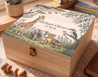 Personalised Wooden Keepsake Box, Nursery Memory Box, Custom Baby Gift, Safari Animals Wooden Memory Chest, Christening Gift