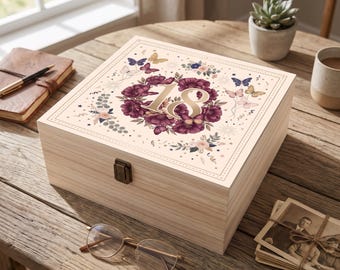 18th Birthday Wooden Keepsake Box, Floral Butterfly Memory Box for Her, 18th Milestone Gift, Wooden Trinket Memory Chest