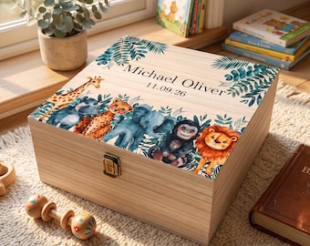 Personalised Wooden Keepsake Box, Safari Nursery Memory Box, Custom Baby Gift, Engraved Jungle Animals Wooden Memory Chest, Christening Gift
