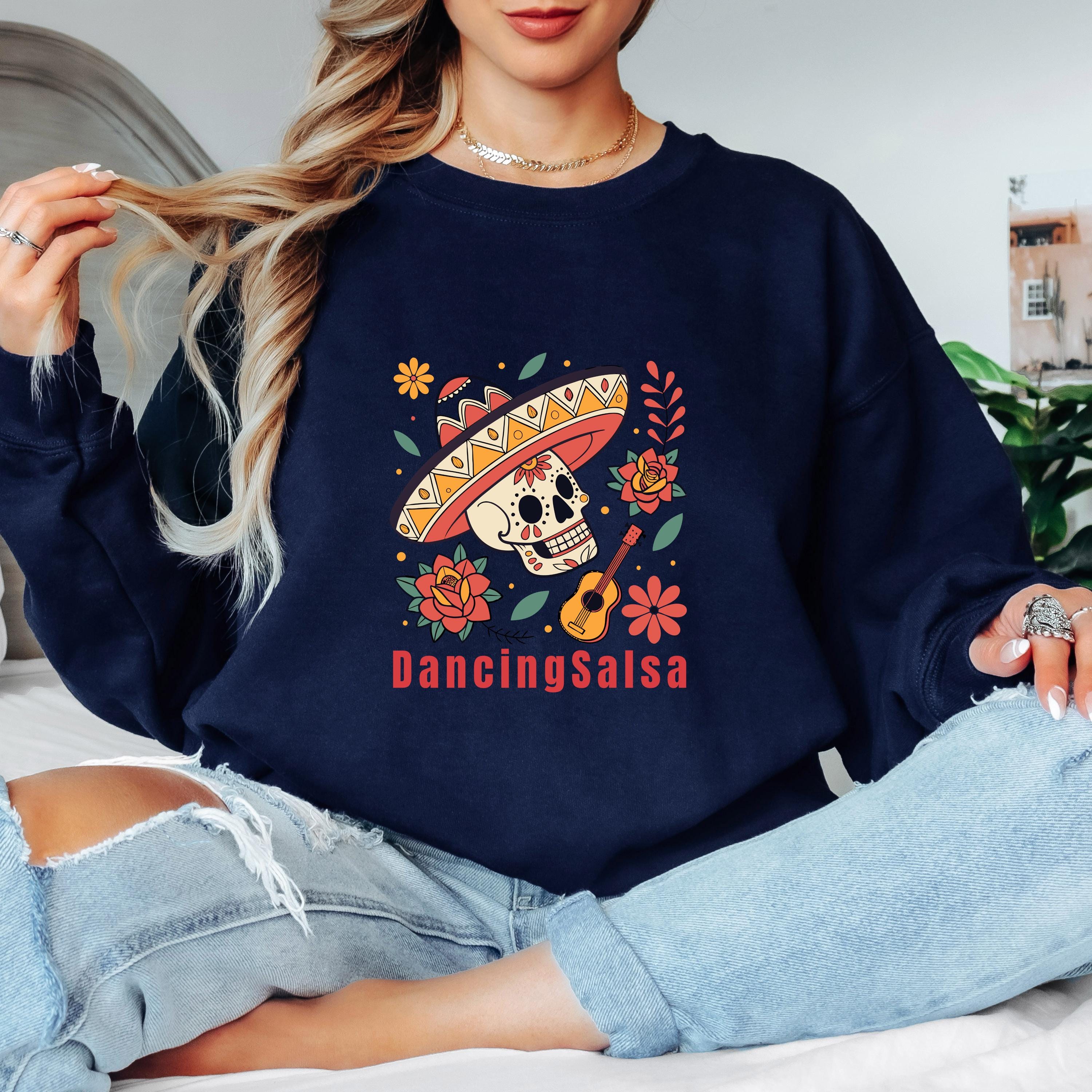 Sudadera con temática de Halloween, Día de Muertos y Salsa: cuello