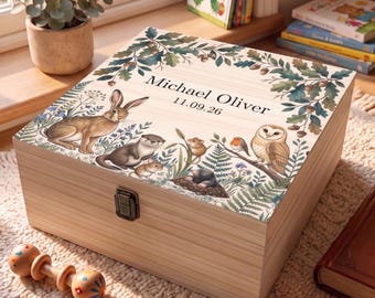 Personalised Wooden Keepsake Box, Nursery Memory Box, Custom Baby Gift, English Meadow & Countryside Wooden Memory Chest, Christening Gift