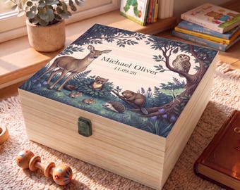 Personalised Wooden Keepsake Box, Nursery Memory Box, Custom Baby Gift, Woodland Animals Wooden Memory Chest, Christening Gift