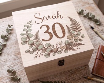 Personalised 30th Birthday Keepsake Box | Botanical 30 Wood Memory Chest Memento