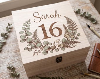 Personalised 16th Birthday Keepsake Box | Botanical 16 Wood Memory Chest Memento