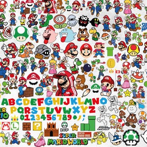 K&ouml;nnte beinhalten: Eine bunte Sammlung von Super Mario Bros. Grafiken, darunter Charaktere wie Mario, Luigi und Prinzessin Peach, sowie Buchstaben, Zahlen und Spielsymbole. Das Bild zeigt eine Vielzahl von Posen und Stilen.
