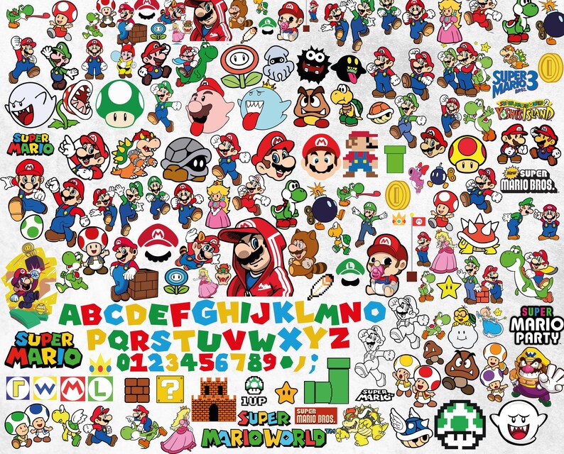 K&ouml;nnte beinhalten: Eine bunte Sammlung von Super Mario Bros. Grafiken, darunter Charaktere wie Mario, Luigi und Prinzessin Peach, sowie Buchstaben, Zahlen und Spielsymbole. Das Bild zeigt eine Vielzahl von Posen und Stilen.