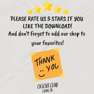 Op de afbeelding: Een lichtbeige achtergrond met de tekst "PLEASE RATE US 5 STARS IF YOU LIKE THE DOWNLOAD! And don't forget to add our shop to your favorites!". Een gele plakbriefje met "THANK YOU" en een smiley.