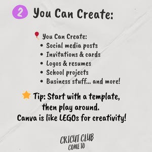 May include: A light beige graphic with the text "2 You Can Create:" and a list of creative projects, including social media posts, invitations, logos, and school projects. The text "Canva is like LEGOs for creativity!" is also included.