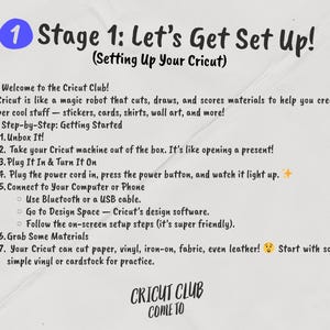 Op de afbeelding: Een stapsgewijze handleiding voor het instellen van een Cricut-machine, getiteld "Stage 1: Let's Get Set Up!". De gids bevat instructies over uitpakken, aansluiten en verbinden met een computer. Het Cricut Club-logo staat onderaan.