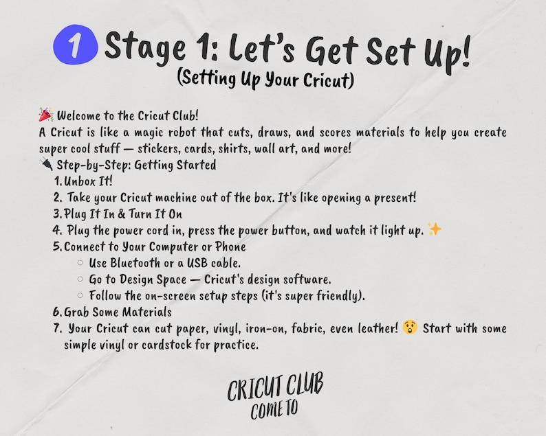 Op de afbeelding: Een stapsgewijze handleiding voor het instellen van een Cricut-machine, getiteld "Stage 1: Let's Get Set Up!". De gids bevat instructies over uitpakken, aansluiten en verbinden met een computer. Het Cricut Club-logo staat onderaan.