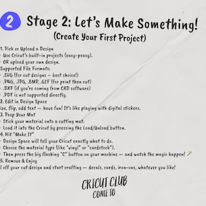 K&ouml;nnte beinhalten: Eine Anleitungsgrafik mit dem Titel "Stage 2: Let's Make Something!" in schwarzem Text. Das Bild enth&auml;lt Schritt-f&uuml;r-Schritt-Anweisungen zur Verwendung einer Cricut-Maschine, einschlie&szlig;lich Designauswahl, Bearbeitung, Mattenvorbereitung und dem "Make It"-Prozess. Das Cricut Club-Logo befindet sich unten.