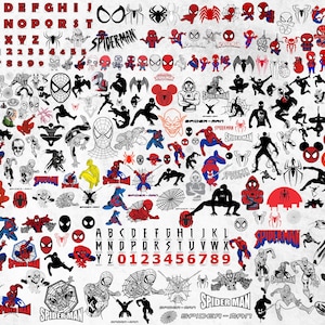 May include: A collection of Spider-Man themed graphics in red, black, and white. The image includes various illustrations of Spider-Man in action poses, logos, and the alphabet and numbers. The text "SPIDER-MAN" is also present.