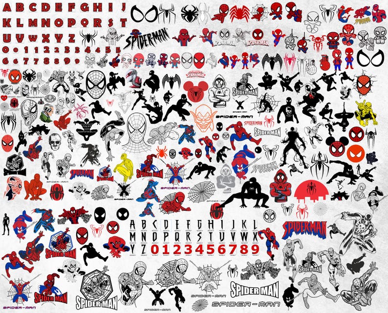 May include: A collection of Spider-Man themed graphics in red, black, and white. The image includes various illustrations of Spider-Man in action poses, logos, and the alphabet and numbers. The text "SPIDER-MAN" is also present.